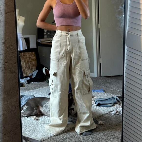 Cream & Tan Wide Leg Cargo Pants - Picture 2 of 8